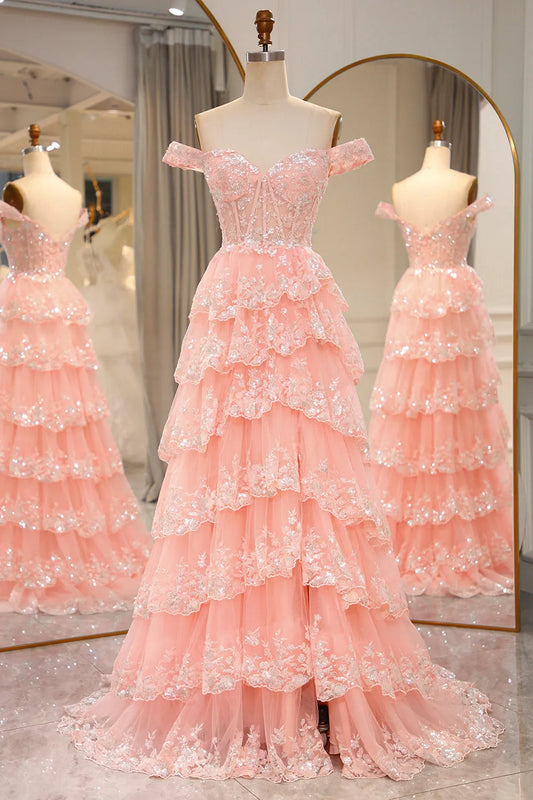Aimishang A-Line Off The Shoulder Long Prom Dress Tiered with Sequin Charming Evening Party Dress