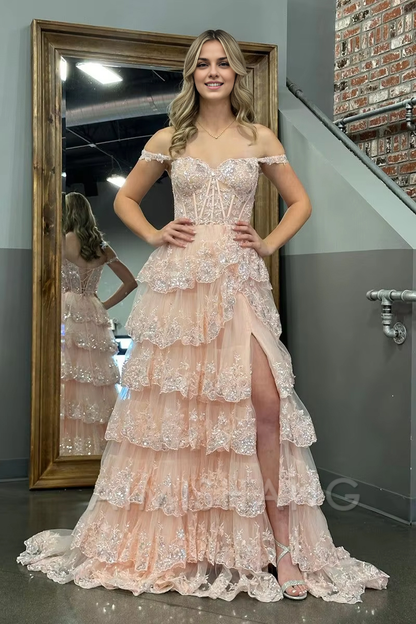 Aimishang Sparkly A Line Off-the-Shoulder Ruffle Long Formal Prom Dress With Slit Sweetheart Tiered Lace Charming Evening Party Dress