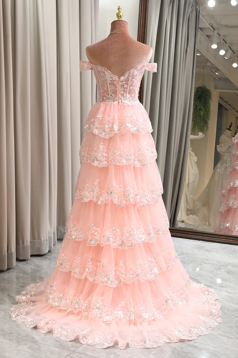 Aimishang Gorgeous A-Line Princess Off-the-Shoulder Tiered Lace Ruffles Long Formal Prom Dress Charming Evening Party Dress With Slit