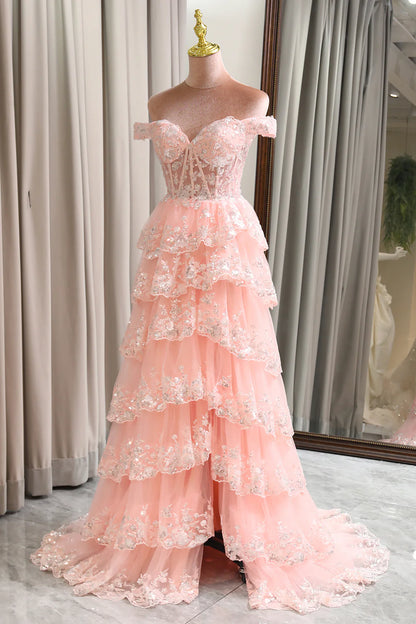 Aimishang Gorgeous A-Line Princess Off-the-Shoulder Tiered Lace Ruffles Long Formal Prom Dress Charming Evening Party Dress With Slit