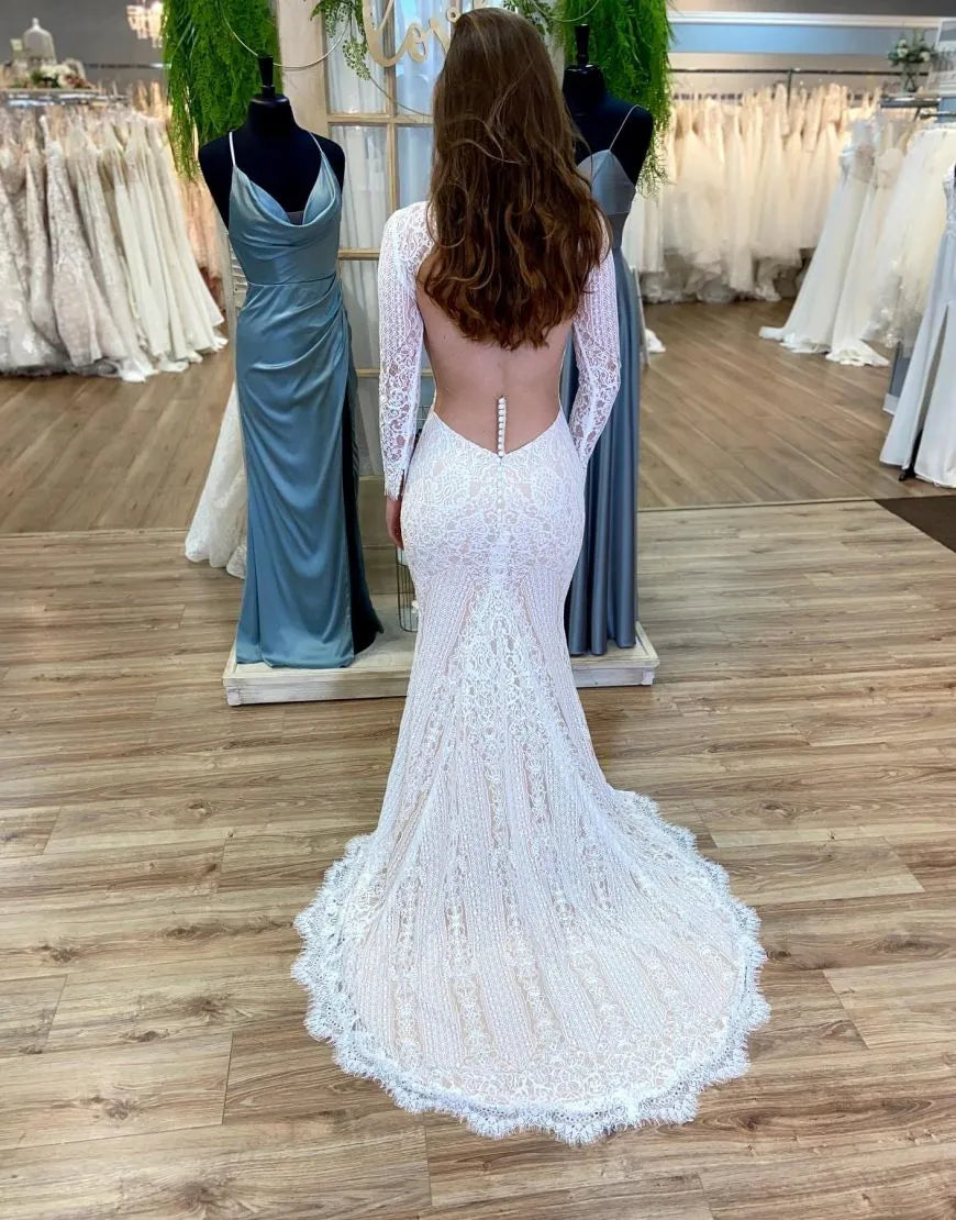 Wholesale Wedding Dress Boho Mermaid Round Neck Long Sleeves Open Back Lace