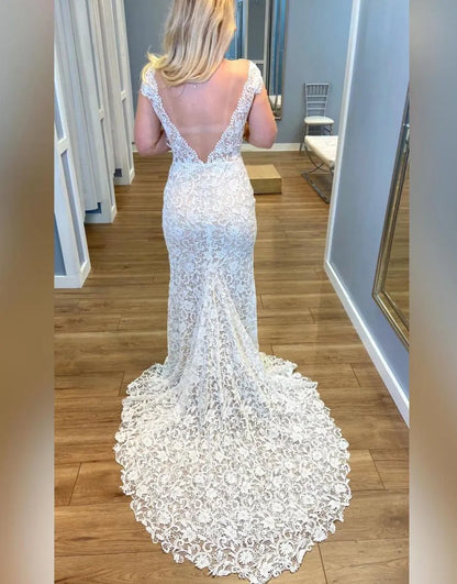 Wholesale Wedding Dress Boho Mermaid V-Back Court Train Lace