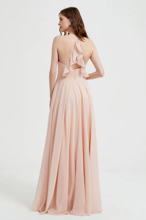 Wholesale Elegant Pearl-Pink Wedding Guest Dresses V Neck Long Bridesmaid Dress