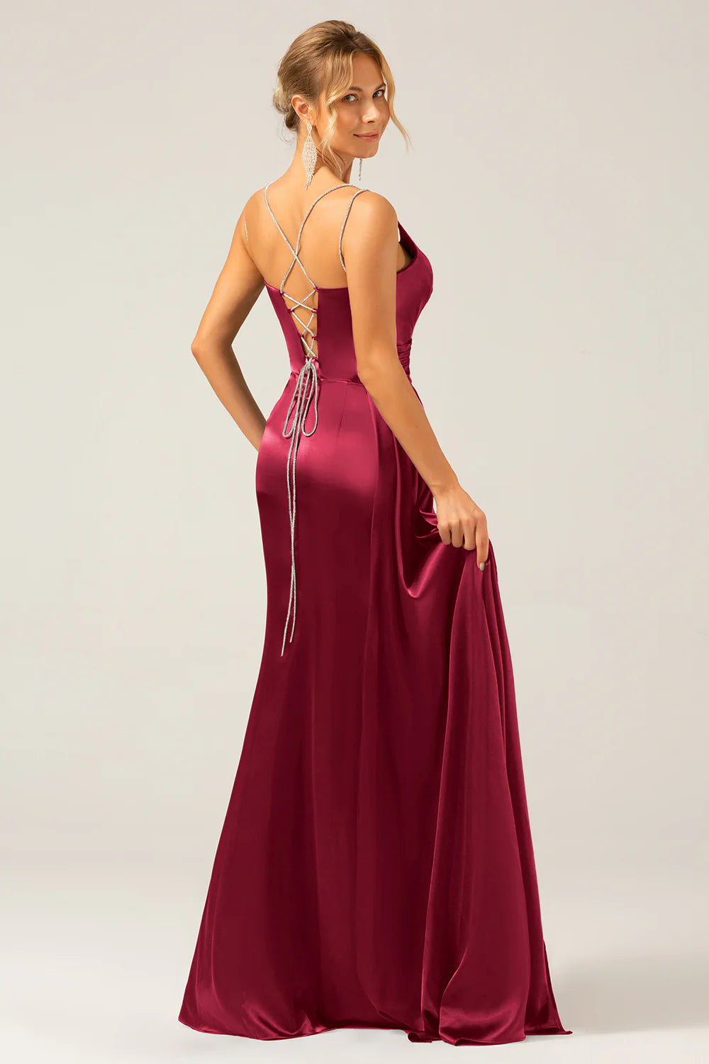 Wholesale Burgundy Mermaid Prom Dresses Spaghetti Straps Pleated Sequin Maxi Dress With Slit