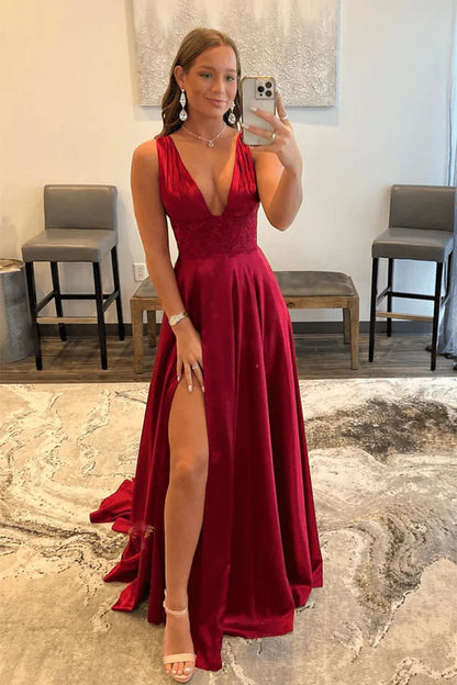 Wholesale Burgundy V Neck Lace Long Prom Evening Dress with High Slit