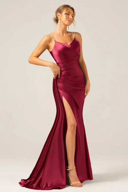 Wholesale Burgundy Mermaid Prom Dresses Spaghetti Straps Pleated Sequin Maxi Dress With Slit