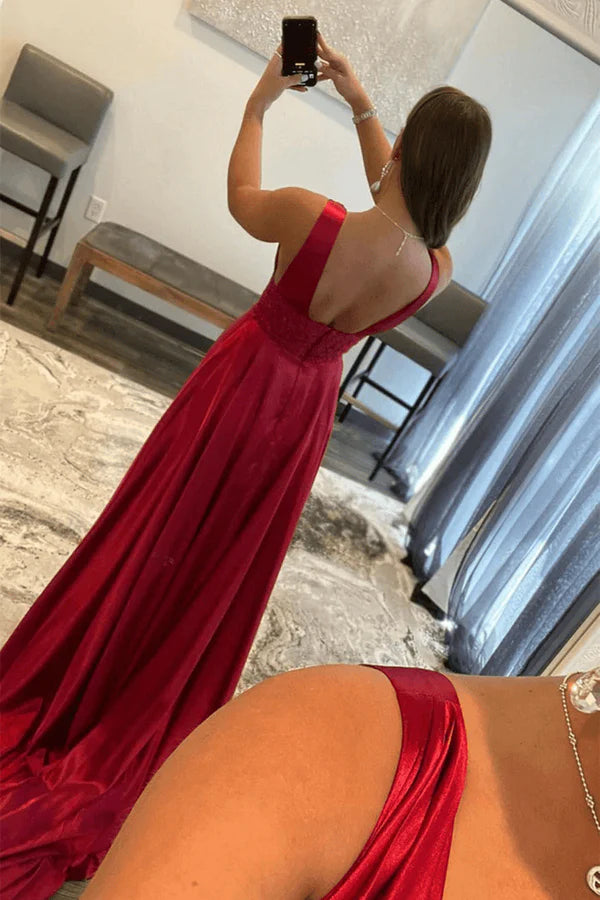 Wholesale Burgundy V Neck Lace Long Prom Evening Dress with High Slit