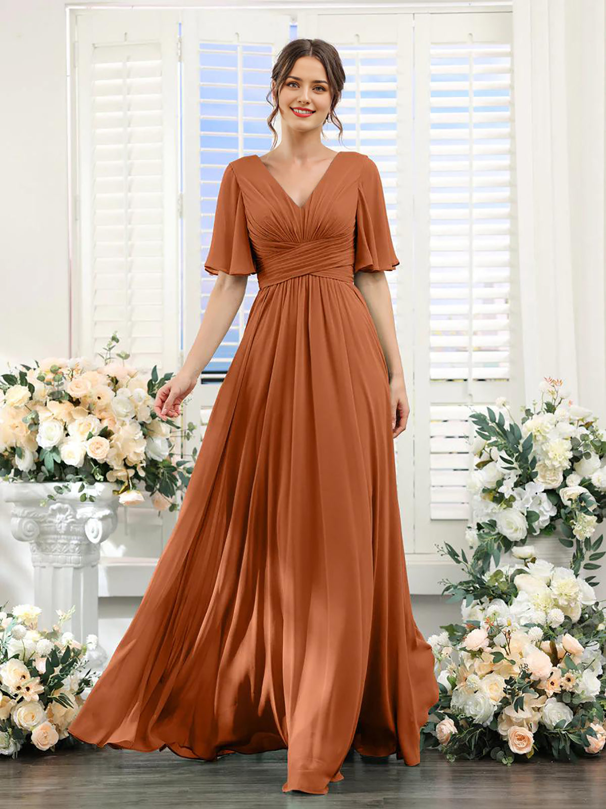 Wholesale A-Line Bridesmaid Dress for Wedding Guest V-Neck Sleeve Long Chiffon Formal Party Dresses with Slit