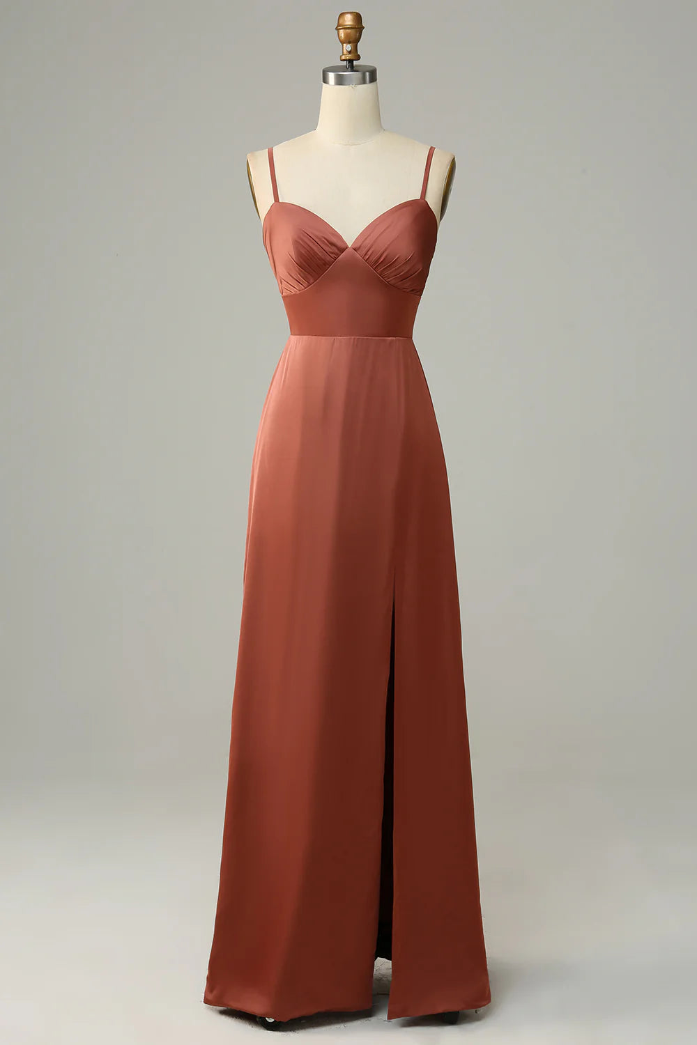 Wholesale Brick Red Sheath Spaghetti Straps Satin Bridesmaid Dress With Slit