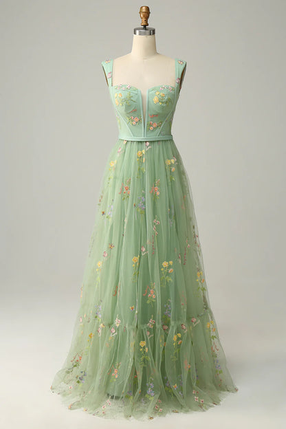 Wholesale A-Line Prom Dress Square Neck with Embroidery Green