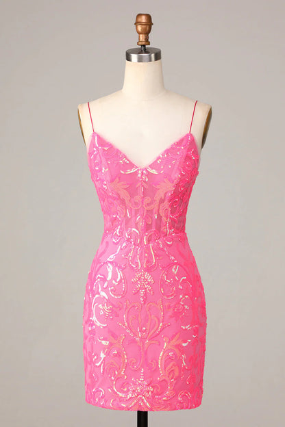 Wholesale Sequins Homecoming Dress Amazing Sheath Fuchsia Spaghetti Straps