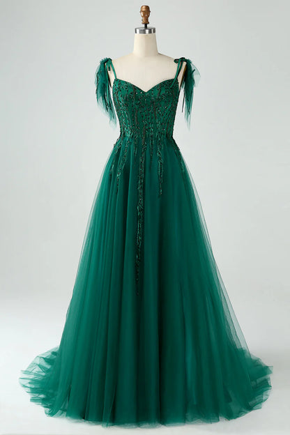 Wholesale A-Line Prom Dresses Spaghetti Straps Long Prom Dress with Beading Dark Green