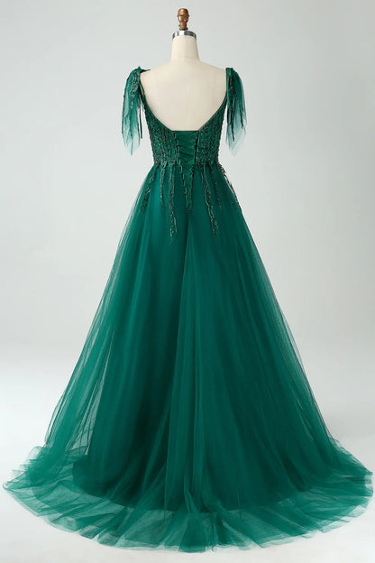 Wholesale A-Line Prom Dresses Spaghetti Straps Long Prom Dress with Beading Dark Green