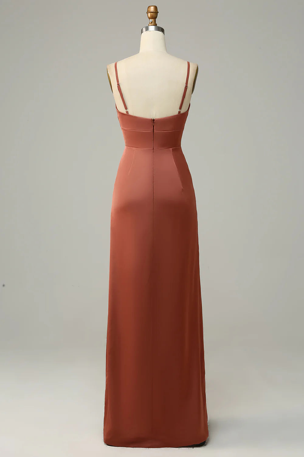 Wholesale Brick Red Sheath Spaghetti Straps Satin Bridesmaid Dress With Slit