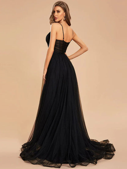 Wholesa Koutun Custom Size Spaghetti Strap High Slit Tulle Prom Dress with Train