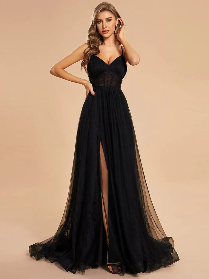 Wholesa Koutun Custom Size Spaghetti Strap High Slit Tulle Prom Dress with Train