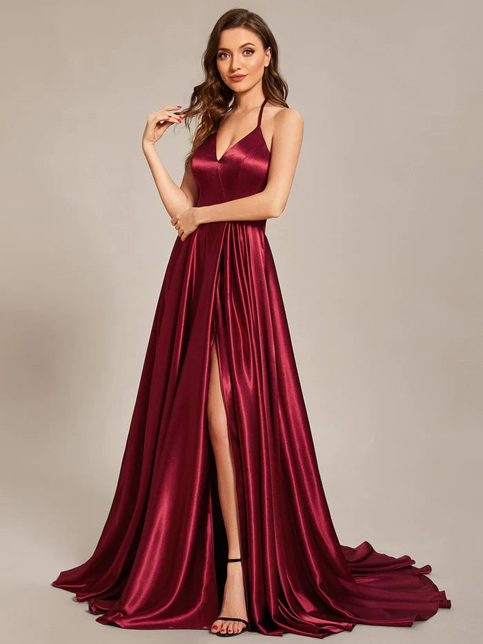 Wholesa Custom Size Halter Neck Long High Slit Satin Prom Dress