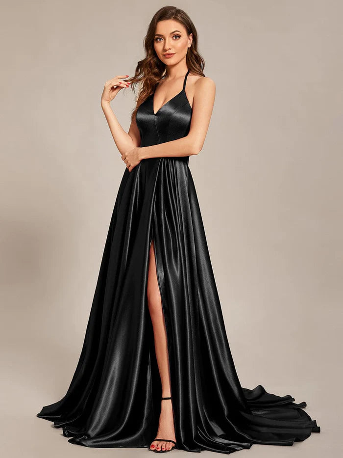 Wholesa Custom Size Halter Neck Long High Slit Satin Prom Dress