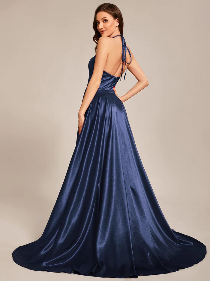 Wholesa Custom Size Halter Neck Long High Slit Satin Prom Dress