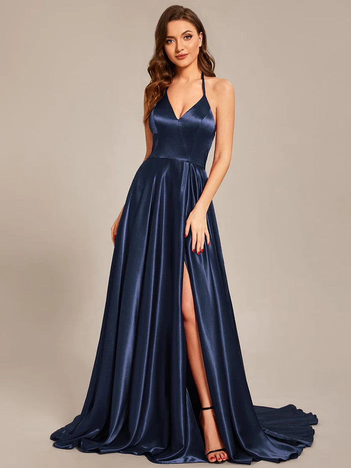 Wholesa Custom Size Halter Neck Long High Slit Satin Prom Dress