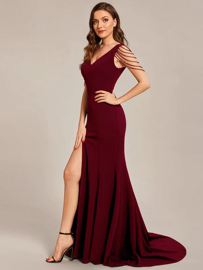 Wholesa Custom Size V Neck Stretch Crepe High Front Slit Bodycon Prom Dress