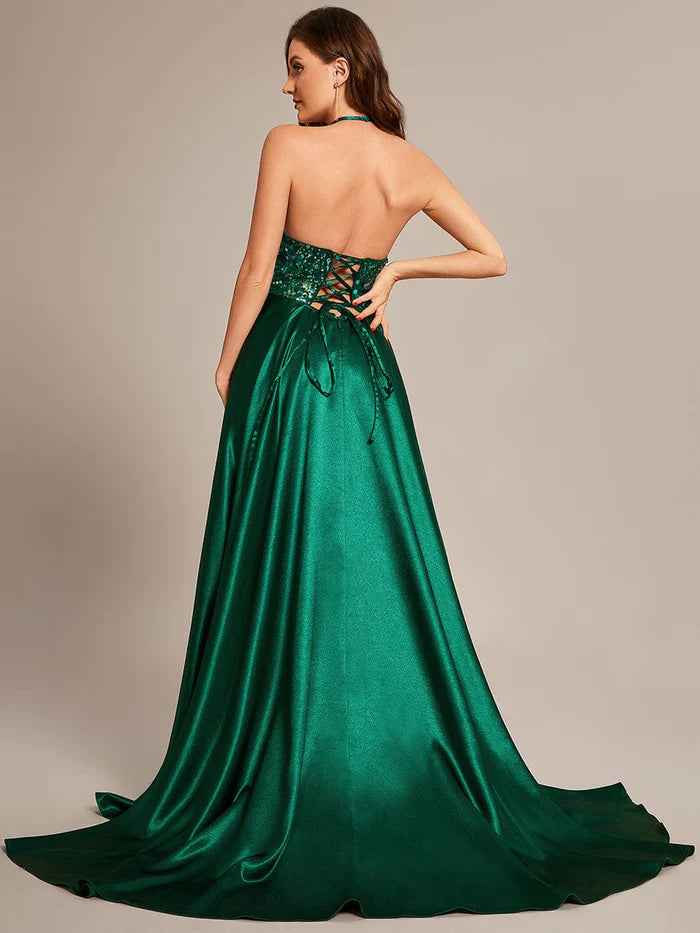 Wholesa Custom Size V-neck Sequined halter Floor-length Satin Prom Dress