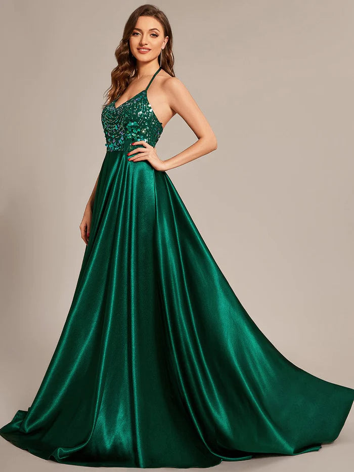 Wholesa Custom Size V-neck Sequined halter Floor-length Satin Prom Dress