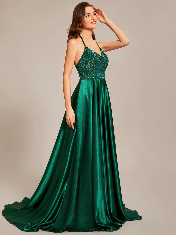 Wholesa Custom Size V-neck Sequined halter Floor-length Satin Prom Dress