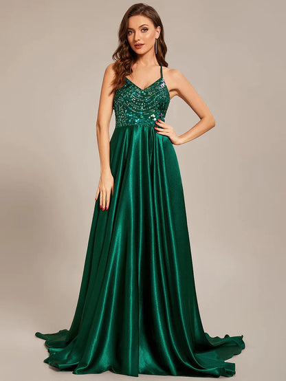 Wholesa Custom Size V-neck Sequined halter Floor-length Satin Prom Dress