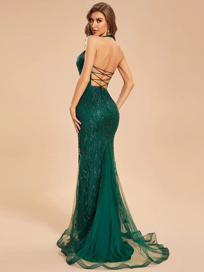 Wholesa Koutun Custom Size Sequins Halter Neck Bodycon Mermaid Prom Dress with Back Lace-Up