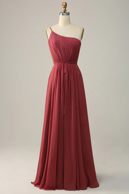 Wholesale One Shoulder Desert Rose A Line Long Bridesmaid Dress