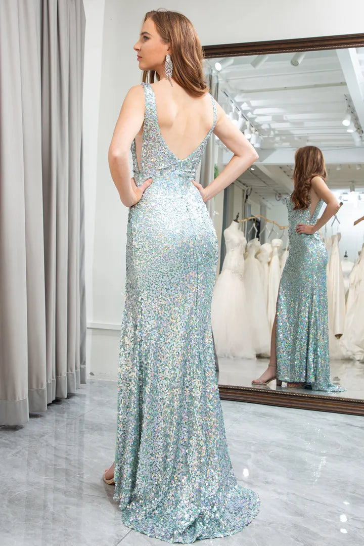 Wholesale Sparkly Sequins Mermaid V-Neck Long Prom Dress With Slit