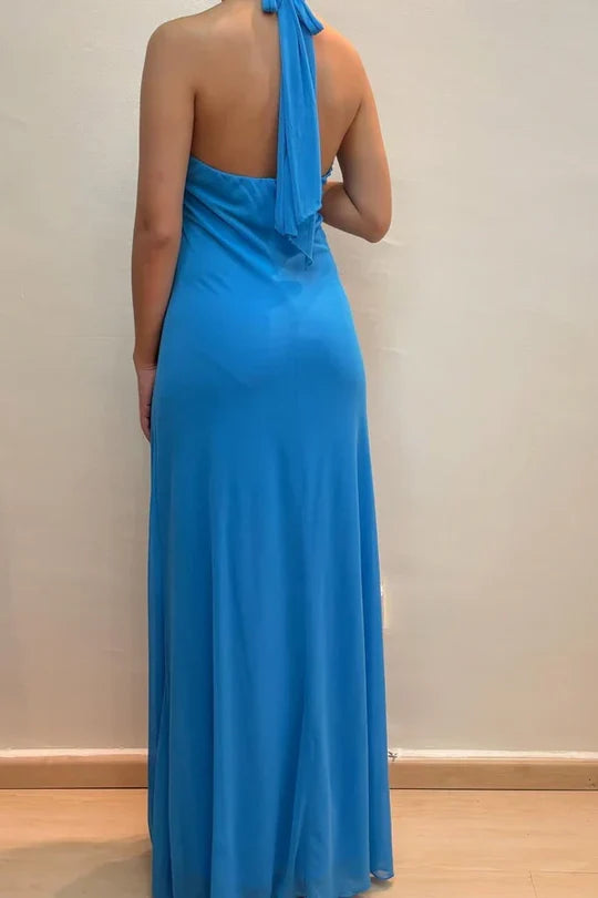 Aimishang Elegant A Line Halter Backless Floor-Length Party Evening Gown Classy Blue Wedding Guest Dress