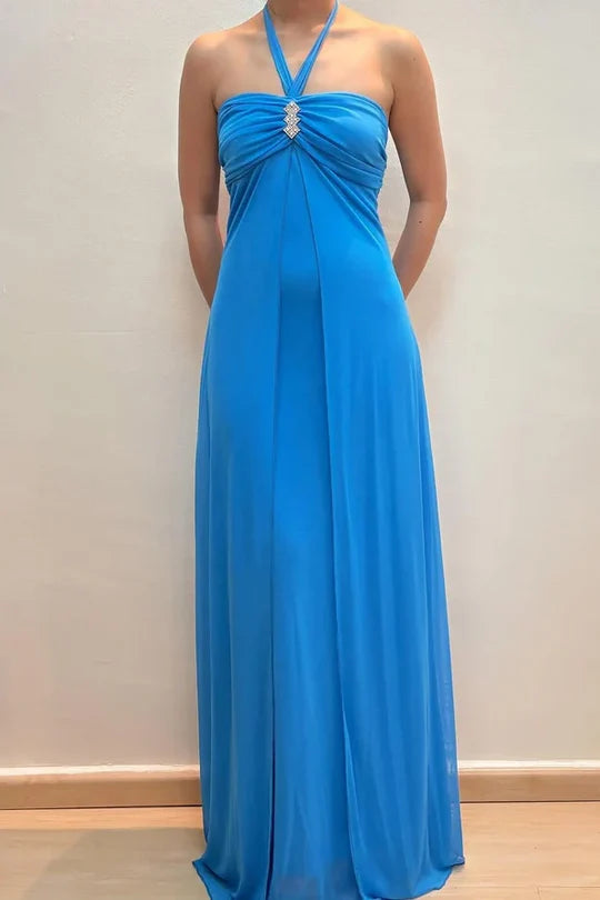 Aimishang Elegant A Line Halter Backless Floor-Length Party Evening Gown Classy Blue Wedding Guest Dress