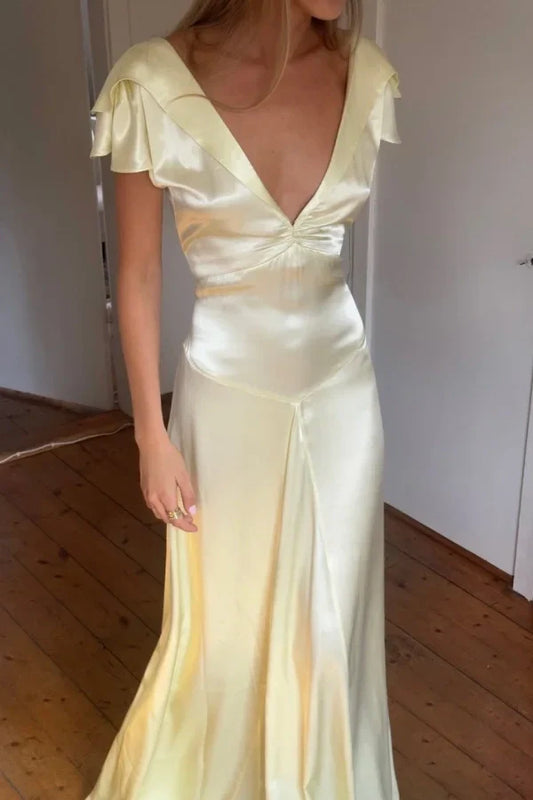 Aimishang Casual A-Line V-Neck Backless Satin Maxi Formal Prom Dress Elegant Wedding Dress Party Dress
