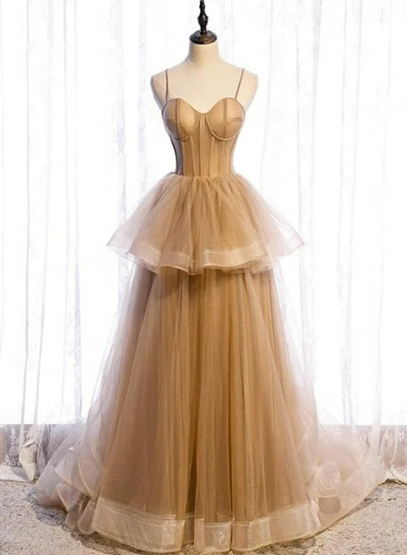 Champagne Tulle Sweetheart Straps Long Ball Gown Prom Dress Party Dress A Line Floor Length Wholesale