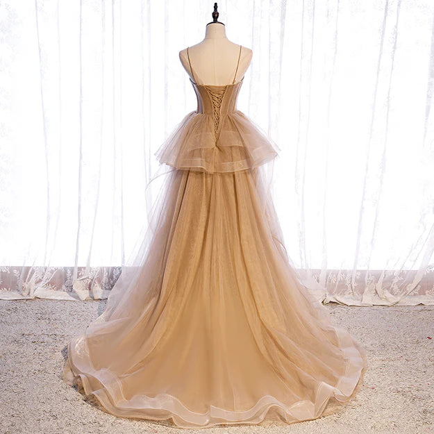 Champagne Tulle Sweetheart Straps Long Ball Gown Prom Dress Party Dress A Line Floor Length Wholesale