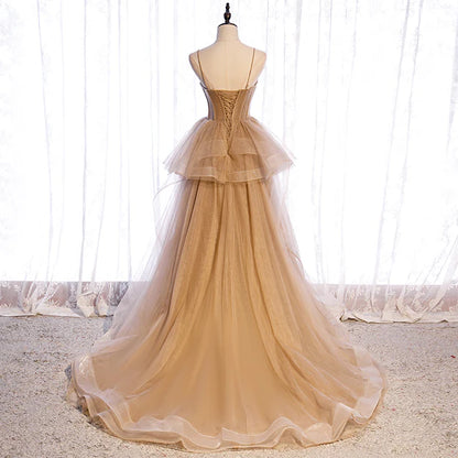 Champagne Tulle Sweetheart Straps Long Ball Gown Prom Dress Party Dress A Line Floor Length Wholesale