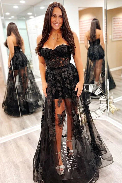 Wholesale Long Prom Dresses A-Line Strapless Black Lace Real Made 3D Floral