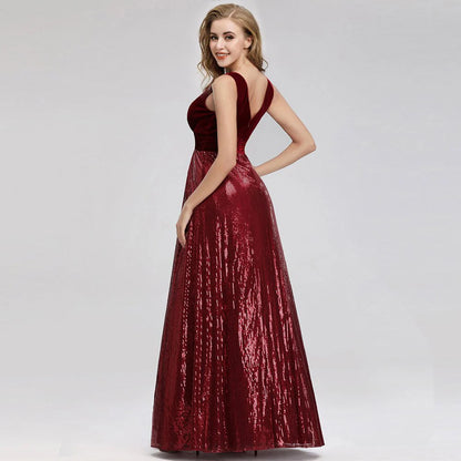 Wholesale Burgundy Velvet Sequins V Neck Long Formal Dresses