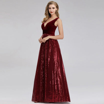 Wholesale Burgundy Velvet Sequins V Neck Long Formal Dresses