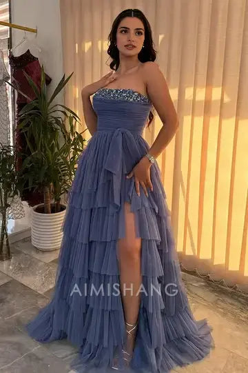 Aimishang Charming A-Line Strapless Sleeveless Beaded Tiered Long Formal Prom Dress Elegant Evening Gown Sexy Party Dress With Slit