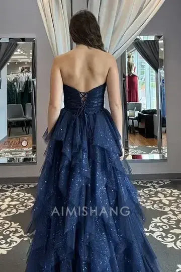 Aimishang Charming A-Line Strapless Sleeveless Long Formal Prom Dress Sparkly Evening Gown Sexy Party Dress