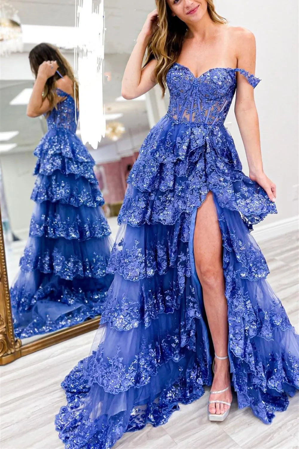 Wholesale Prom Dress A-Line Off The Shoulder Stunning Glitter Tiered With Split