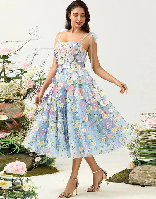 Wholesale Party Dress A-Line Tea Length With Embroidery Flowers