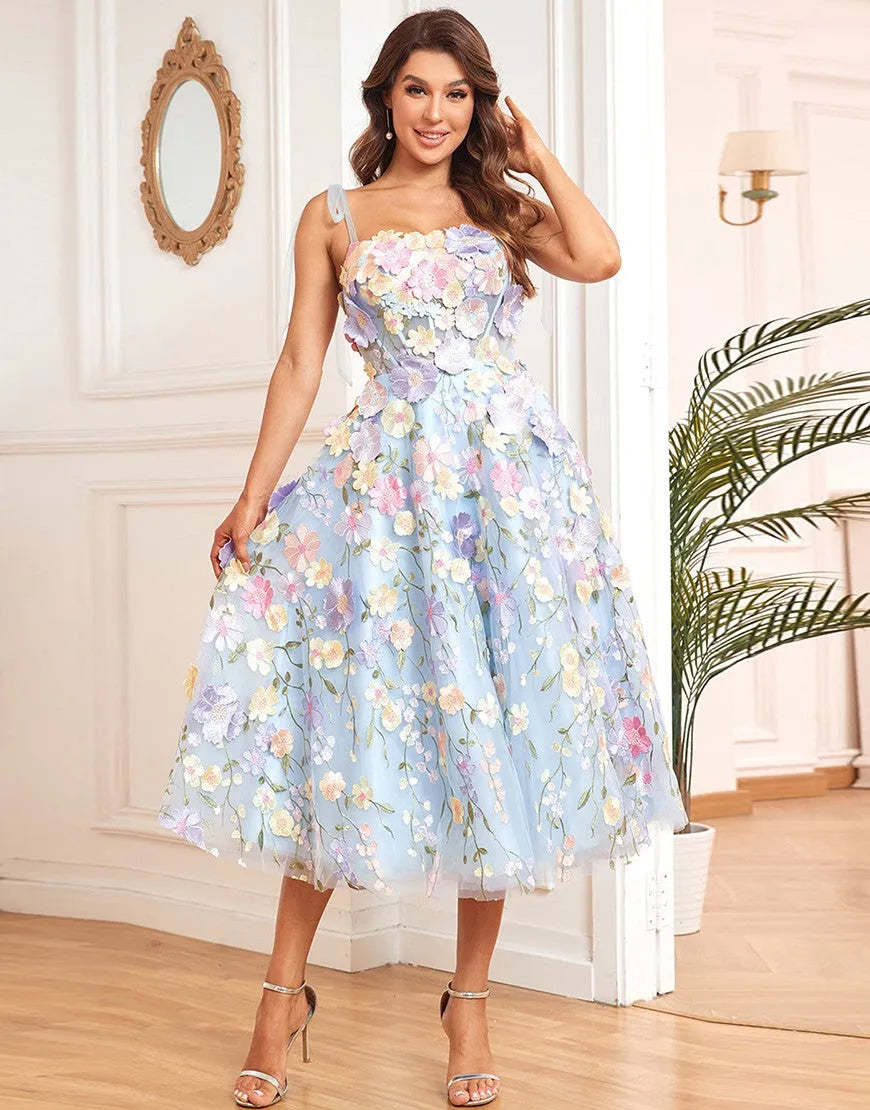 Wholesale Party Dress A-Line Tea Length With Embroidery Flowers