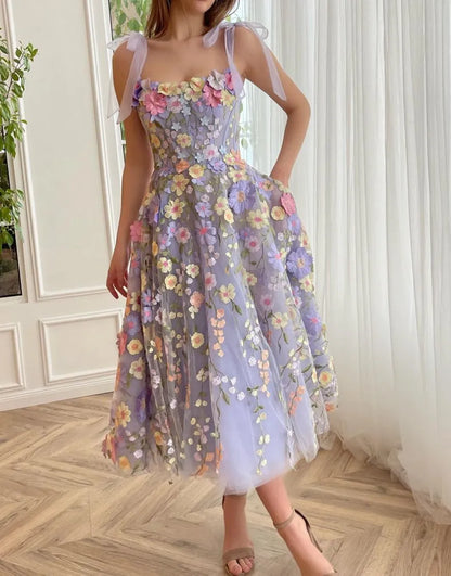 Wholesale Party Dress A-Line Tea Length With Embroidery Flowers