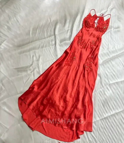 Aimishang Charming A Line V-neck Spaghetti Straps Prom Dress Elegant Evening Party Dress with Appliques