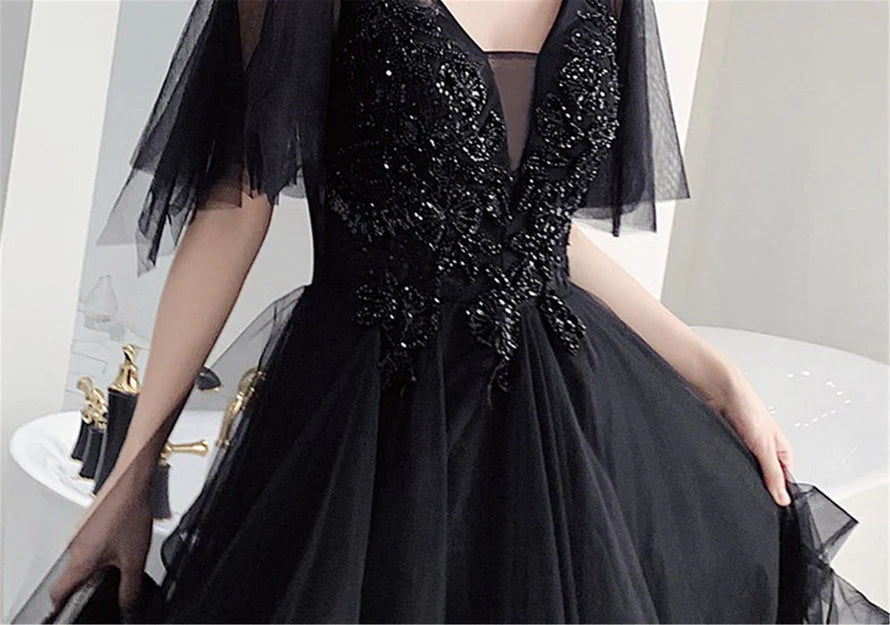 Charming Black Prom Dress V Neck Long Formal Dresses Black Layers Long Evening Dresses Wholesale