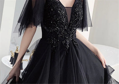 Charming Black Prom Dress V Neck Long Formal Dresses Black Layers Long Evening Dresses Wholesale